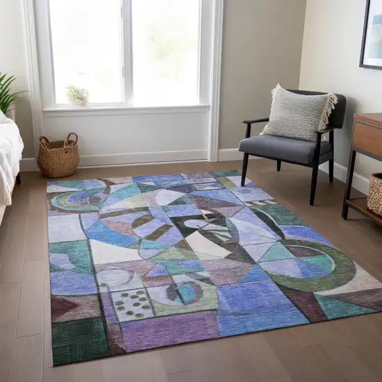 Green Blue Purple And Black Abstract Washable Indoor Outdoor Area Rug Photo 7
