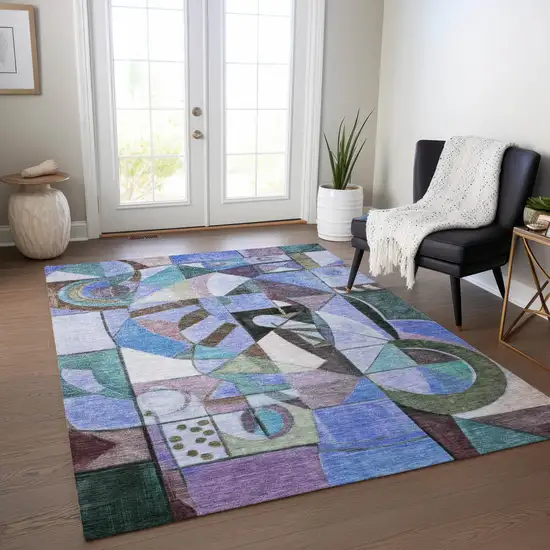 Green Blue Purple And Black Abstract Washable Indoor Outdoor Area Rug Photo 6