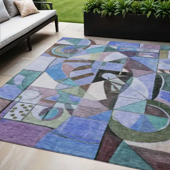 Green Blue Purple And Black Abstract Washable Indoor Outdoor Area Rug Photo 2