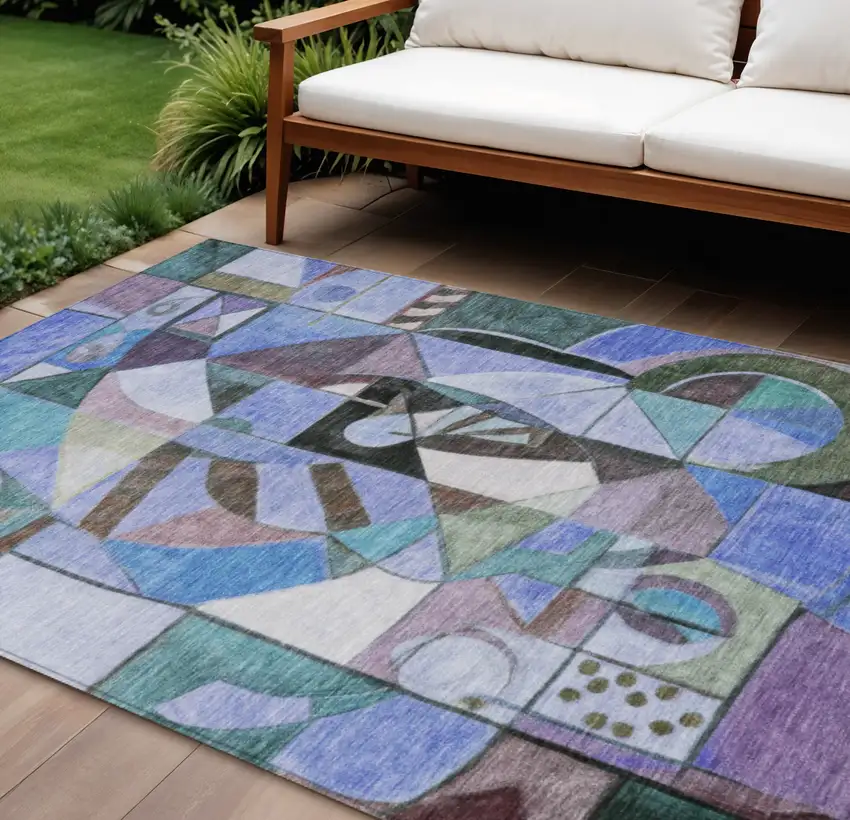 Green Blue Purple And Black Abstract Washable Indoor Outdoor Area Rug Photo 2
