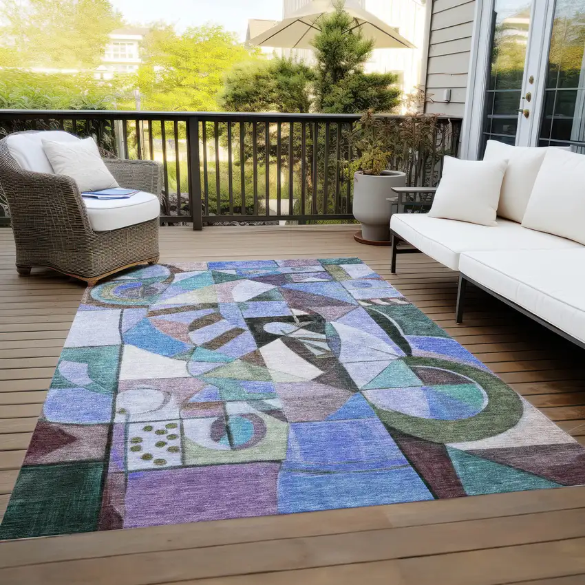 Green Blue Purple And Black Abstract Washable Indoor Outdoor Area Rug Photo 8