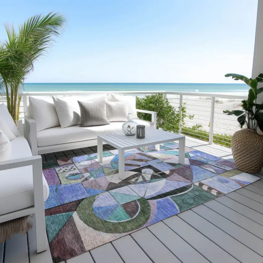 Green Blue Purple And Black Abstract Washable Indoor Outdoor Area Rug Photo 5