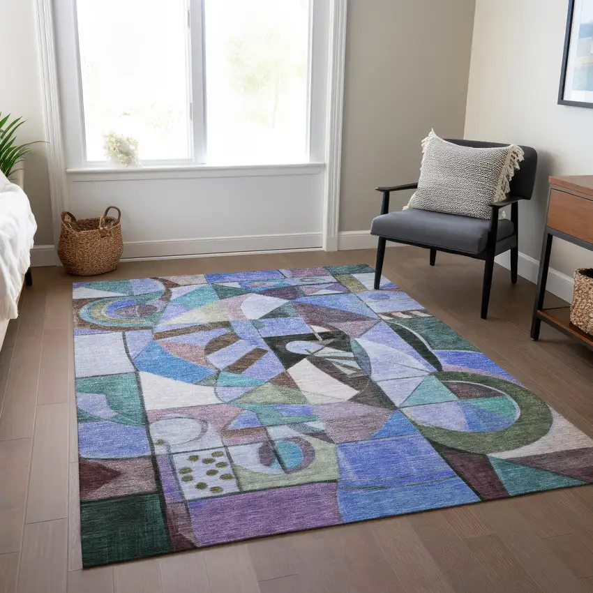 Green Blue Purple And Black Abstract Washable Indoor Outdoor Area Rug Photo 7
