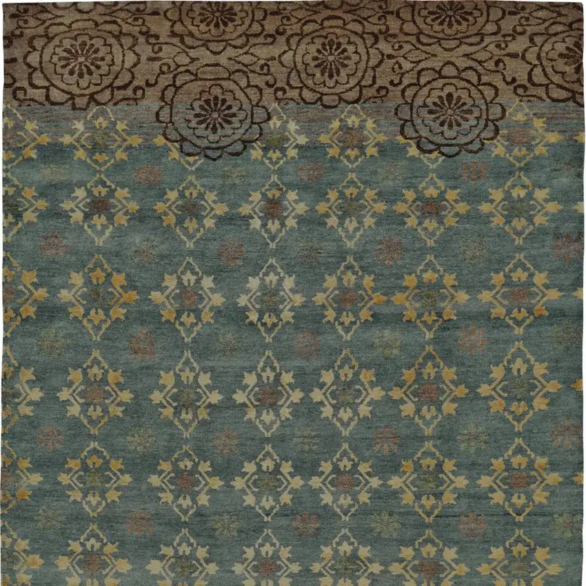 Green Blue and Brown Floral Hand Knotted Area Rug Photo 4