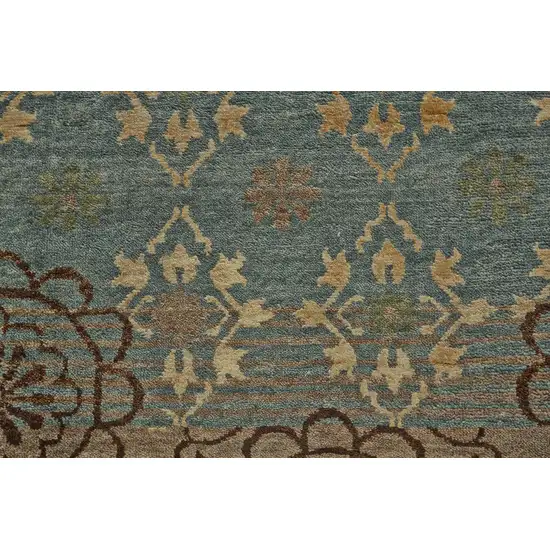 Green Blue and Brown Floral Hand Knotted Area Rug Photo 5