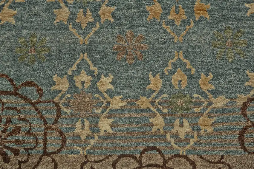 Green Blue and Brown Floral Hand Knotted Area Rug Photo 5