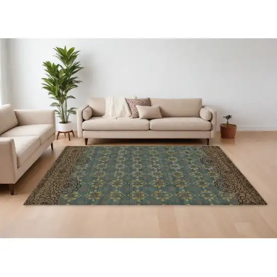 Green Blue and Brown Floral Hand Knotted Area Rug Photo 2