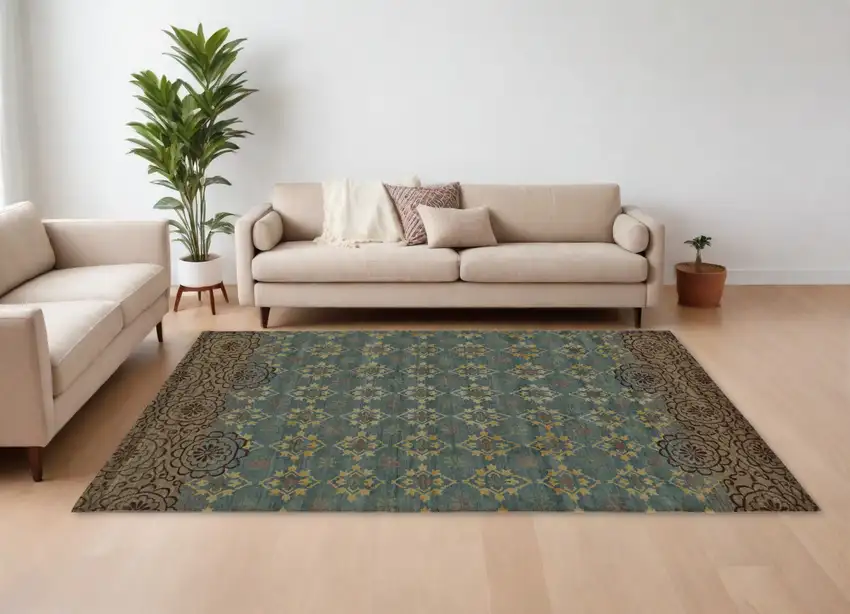 Green Blue and Brown Floral Hand Knotted Area Rug Photo 2