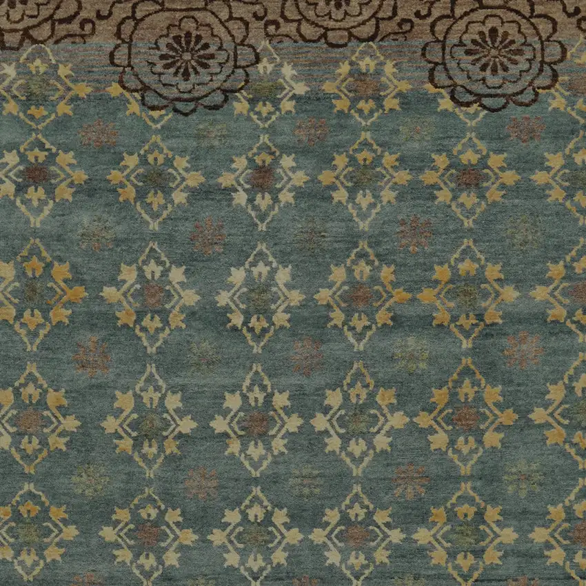 Green Blue and Brown Floral Hand Knotted Area Rug Photo 7