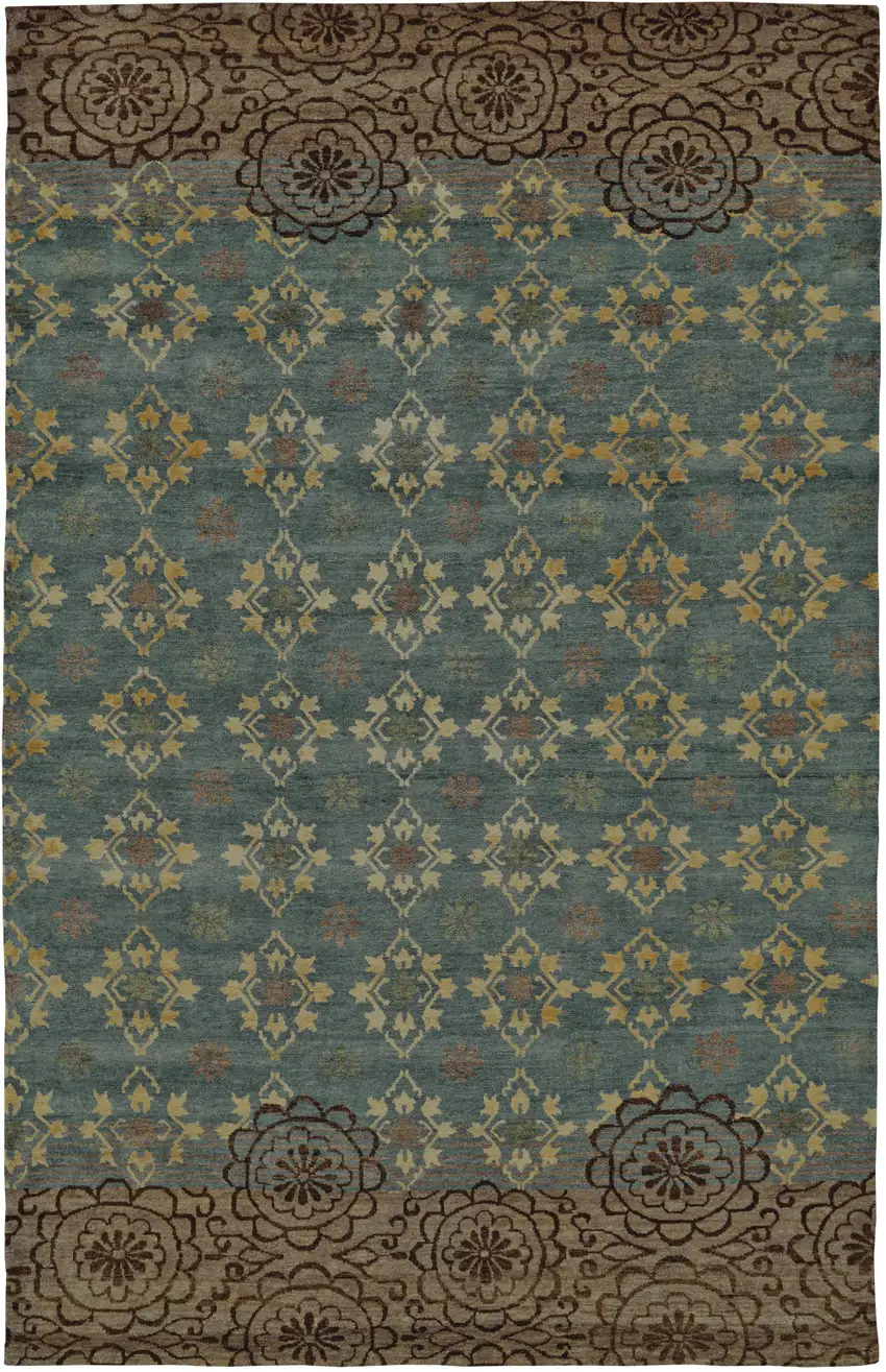 Green Blue and Brown Floral Hand Knotted Area Rug Photo 3