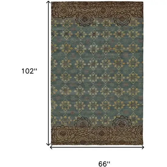Green Blue and Brown Floral Hand Knotted Area Rug Photo 8