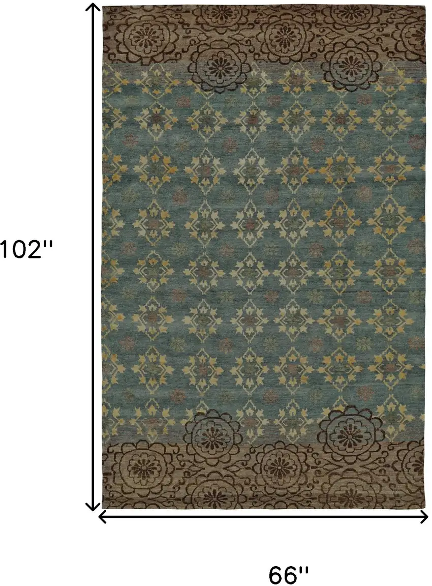 Green Blue and Brown Floral Hand Knotted Area Rug Photo 8