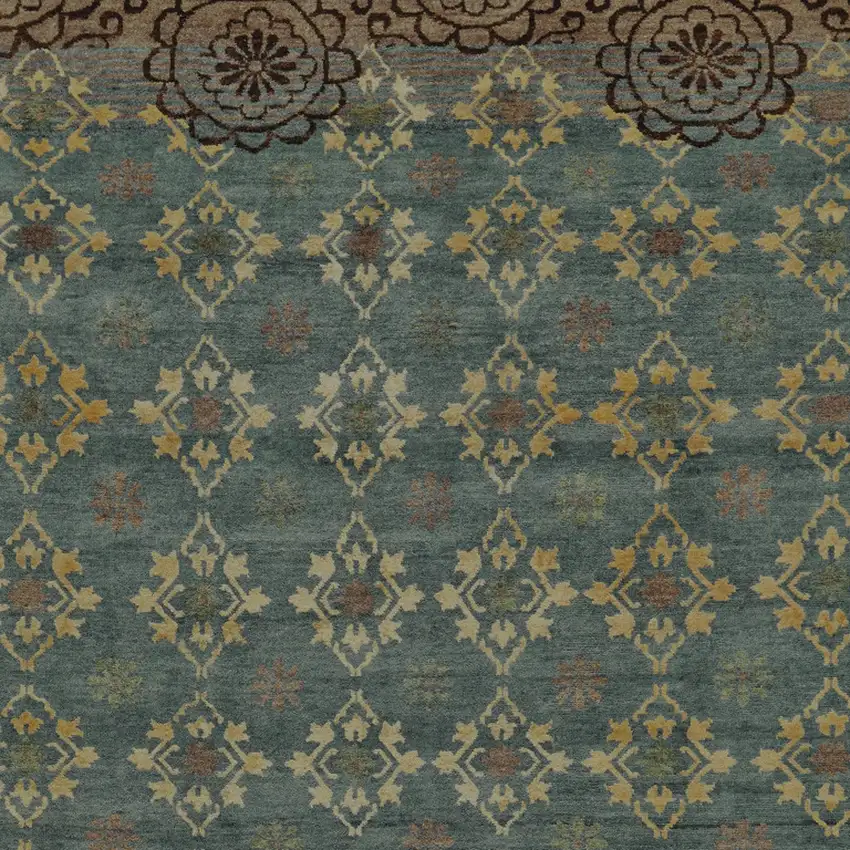 Green Blue and Brown Floral Hand Knotted Area Rug Photo 9