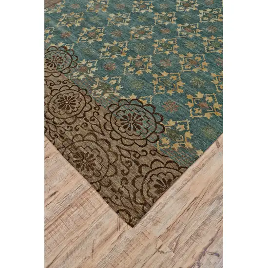 Green Blue and Brown Floral Hand Knotted Area Rug Photo 6