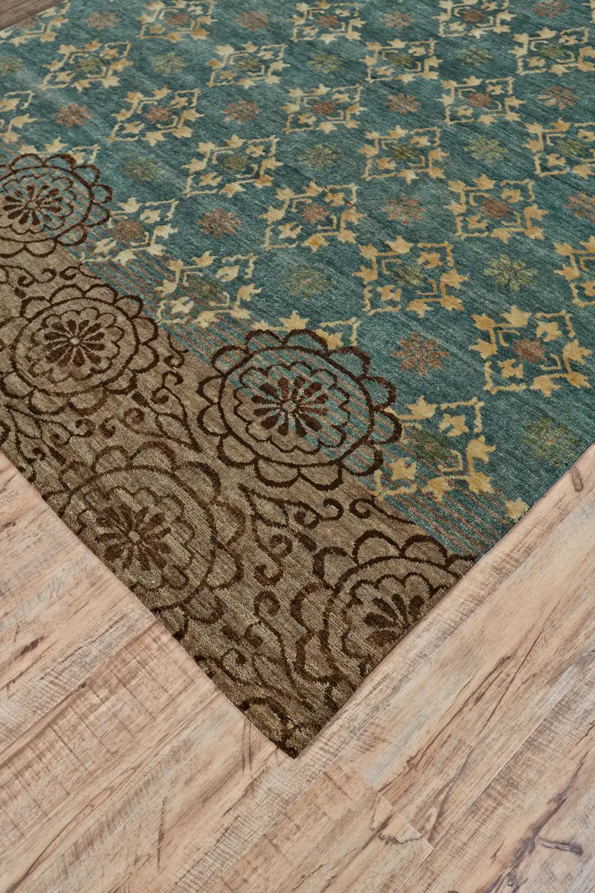 Green Blue and Brown Floral Hand Knotted Area Rug Photo 6
