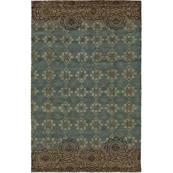 Green Blue and Brown Floral Hand Knotted Area Rug Photo 1