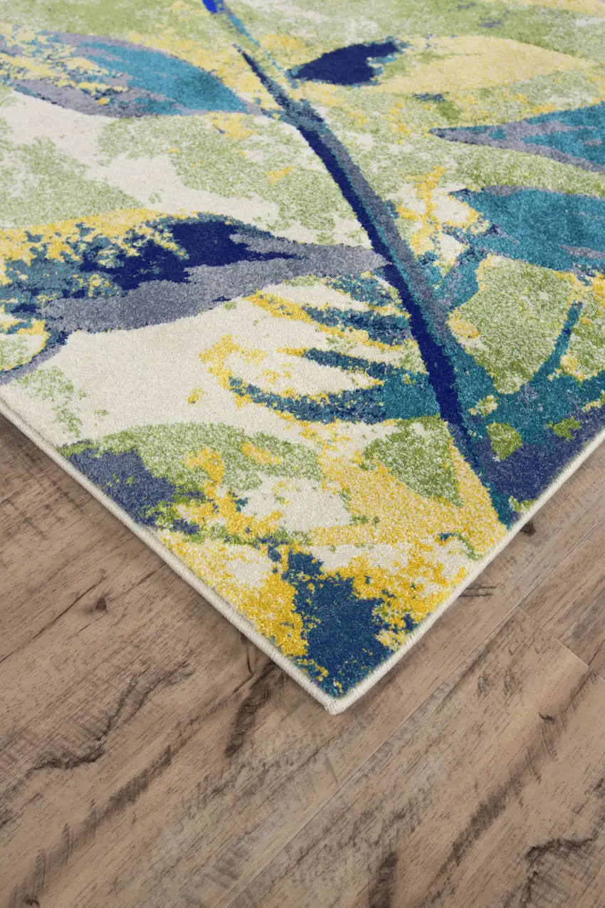 Green Blue and Ivory Floral Power Loom Worn Faded Area Rug Photo 4