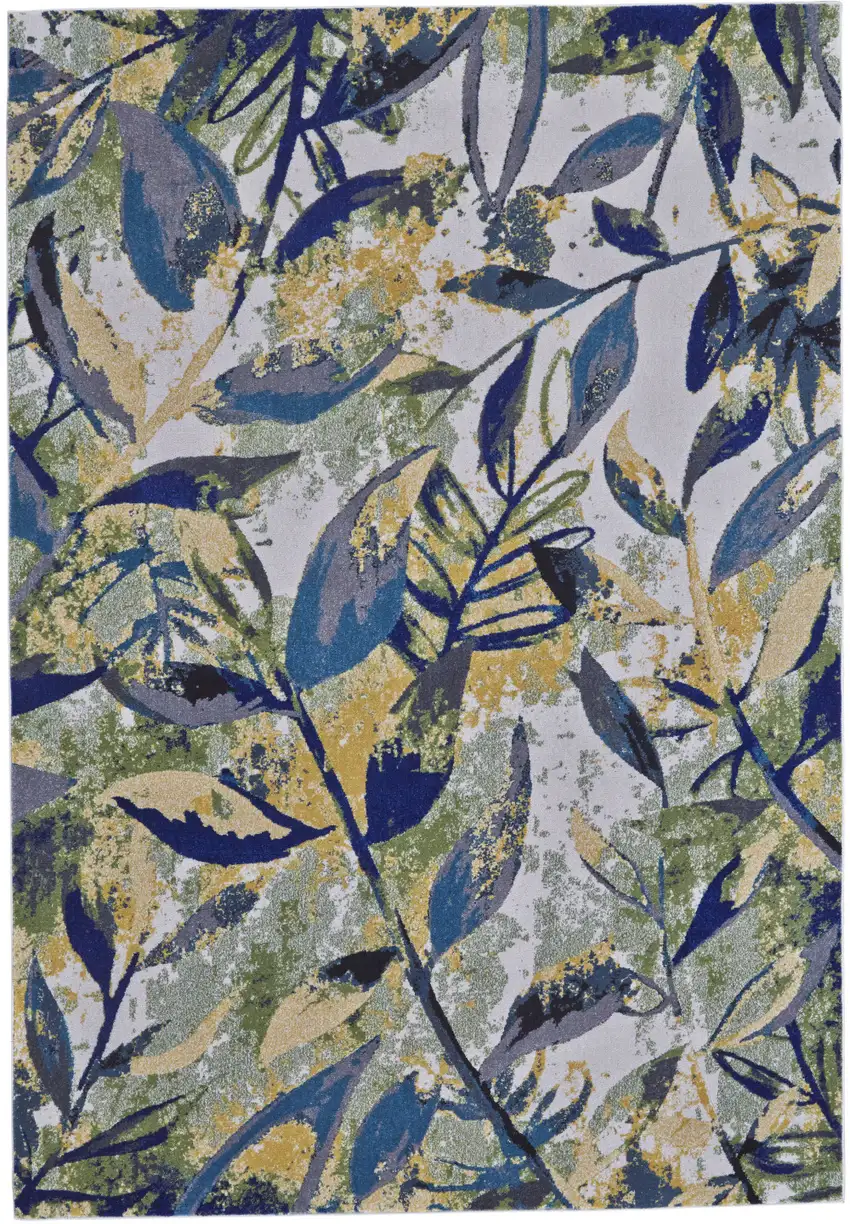 Green Blue and Ivory Floral Power Loom Worn Faded Area Rug Photo 6