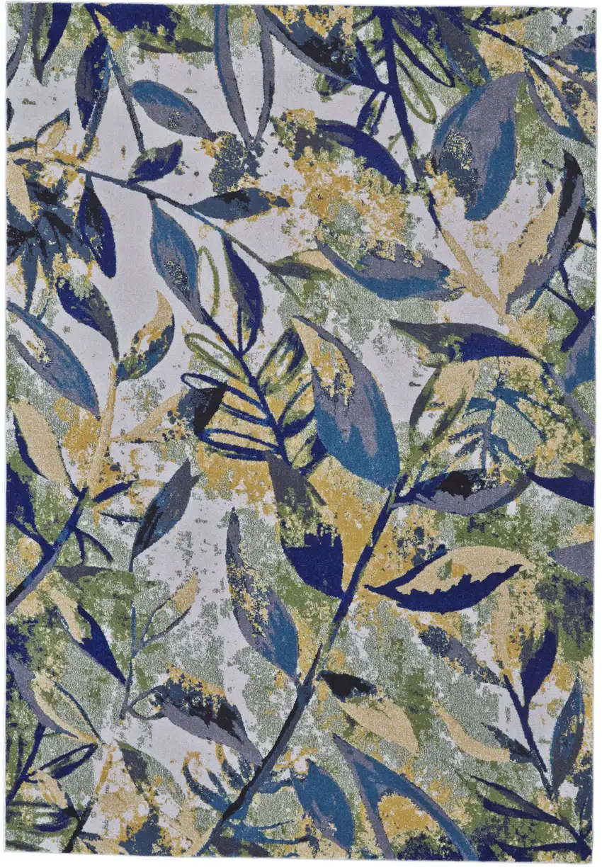 Green Blue and Ivory Floral Power Loom Worn Faded Area Rug Photo 2