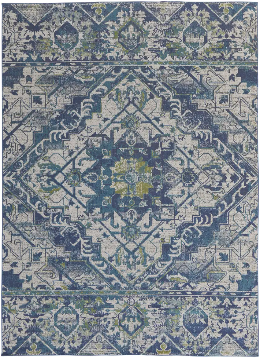 Green Blue and Ivory Oriental Power Loom Area Rug Photo 2