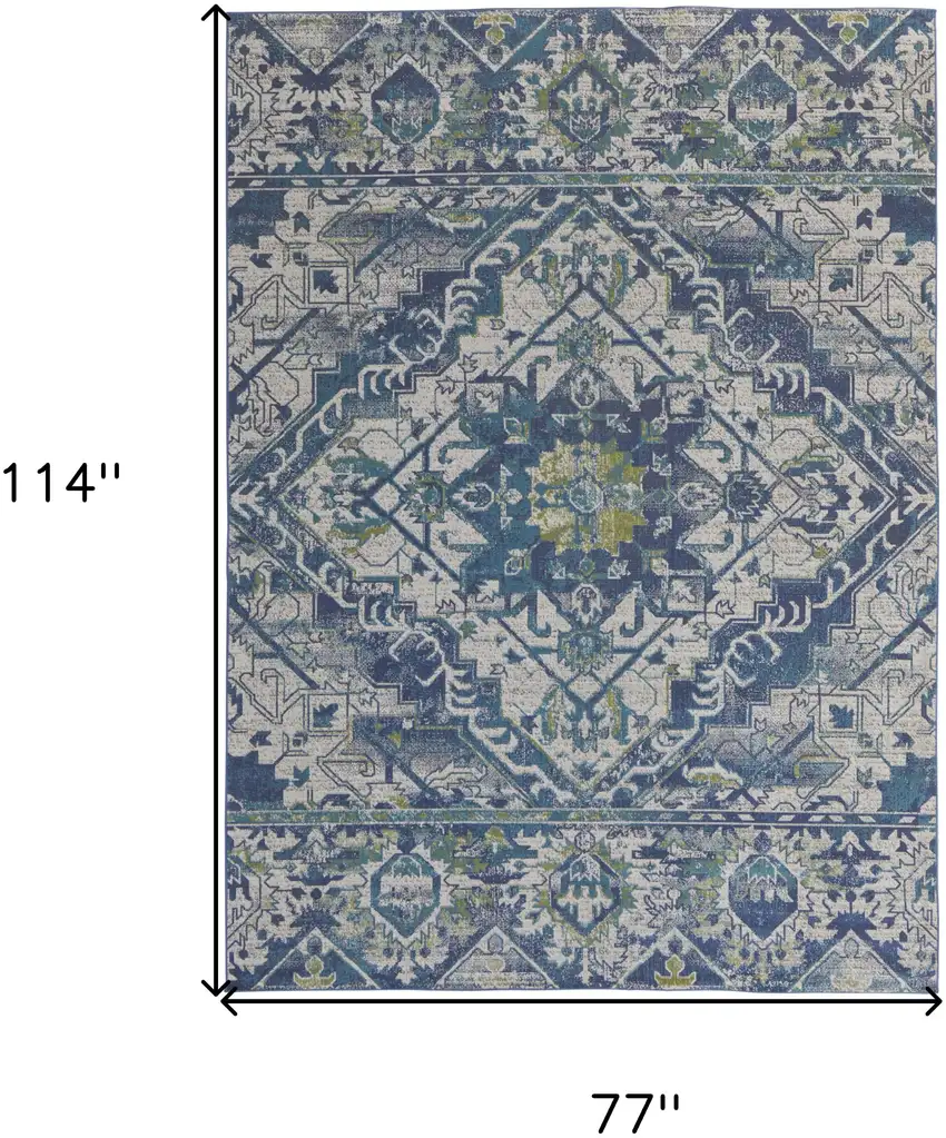 Green Blue and Ivory Oriental Power Loom Area Rug Photo 3