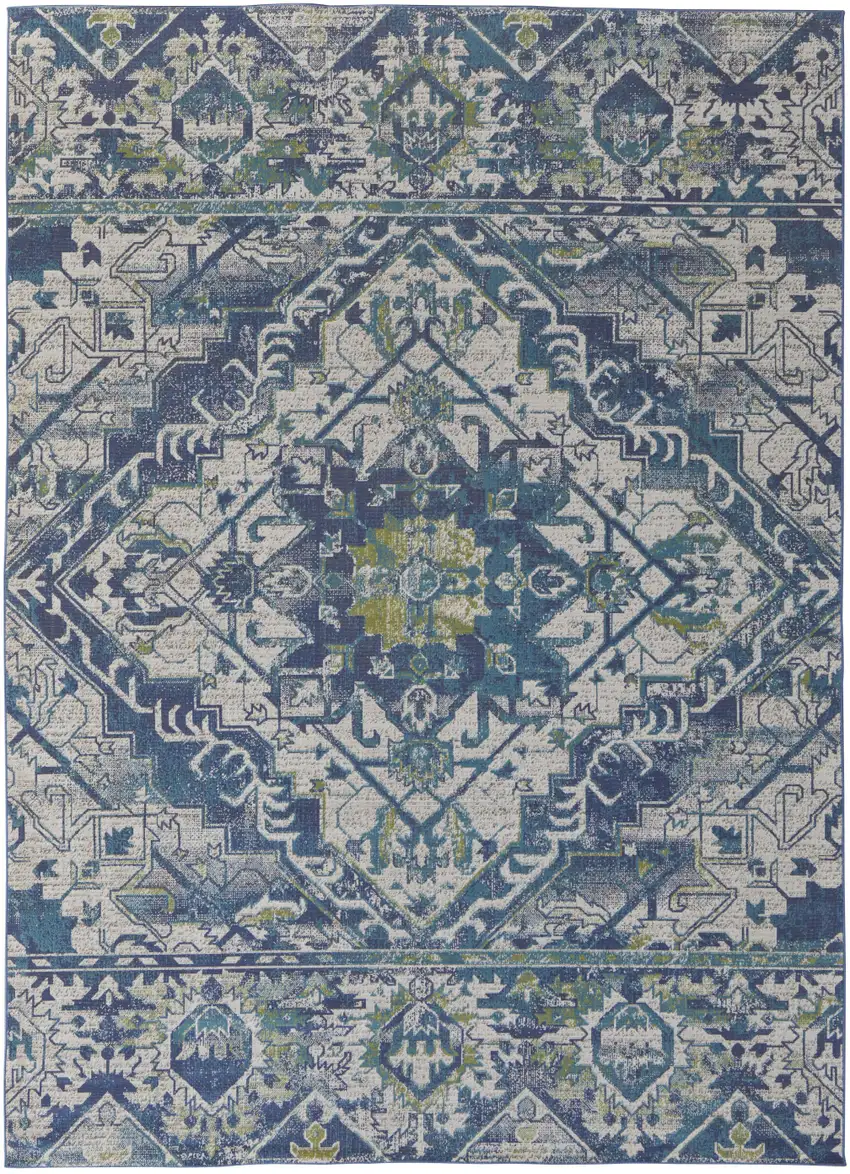 Green Blue and Ivory Oriental Power Loom Area Rug Photo 6