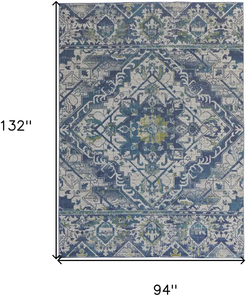 Green Blue and Ivory Oriental Power Loom Area Rug Photo 3