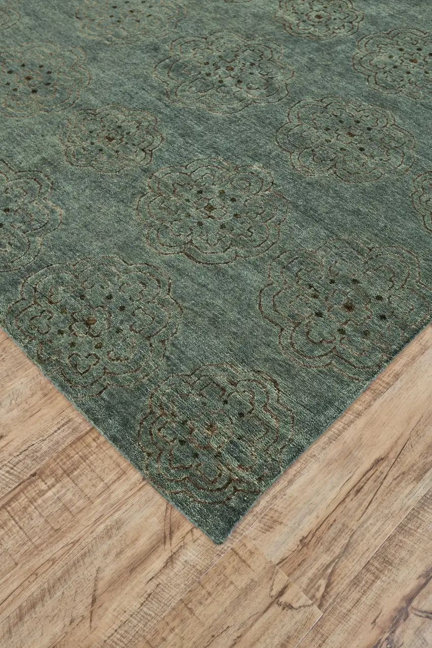 Green Blue and Taupe Floral Hand Knotted Worn Faded Area Rug Photo 9