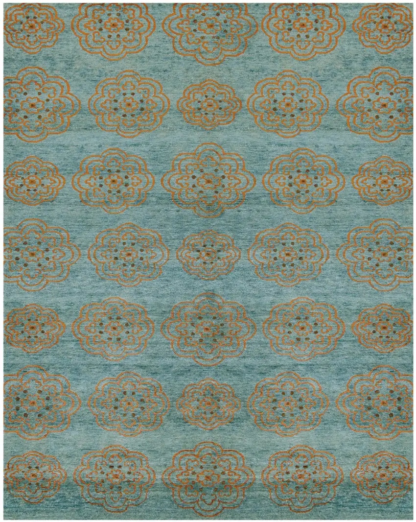Green Blue and Taupe Floral Hand Knotted Worn Faded Area Rug Photo 2