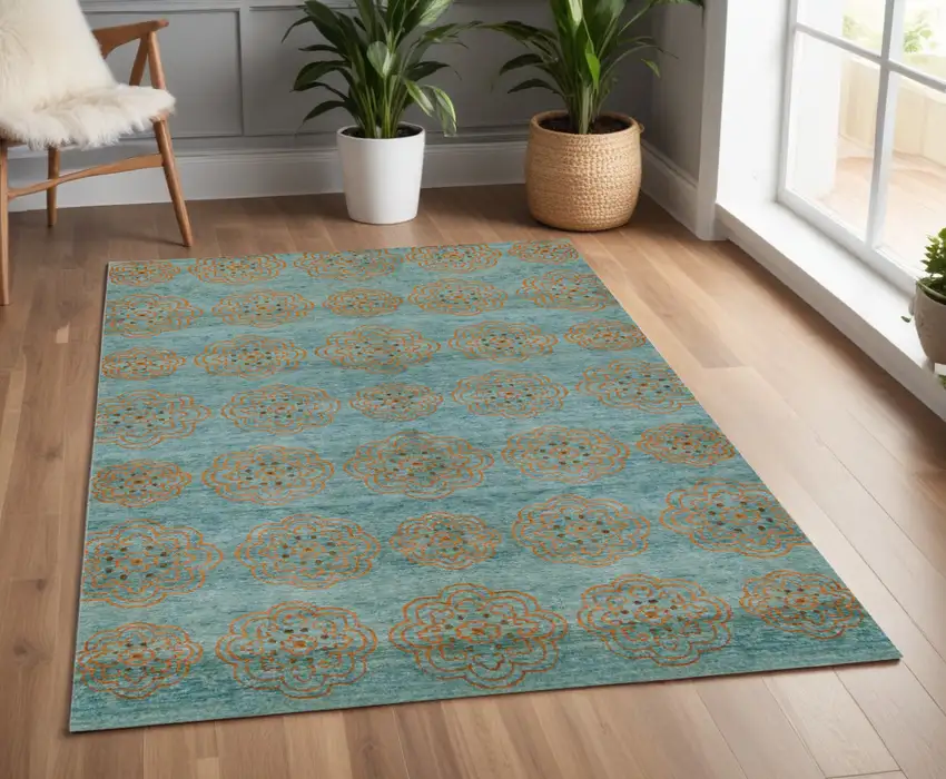 Green Blue and Taupe Floral Hand Knotted Worn Faded Area Rug Photo 1