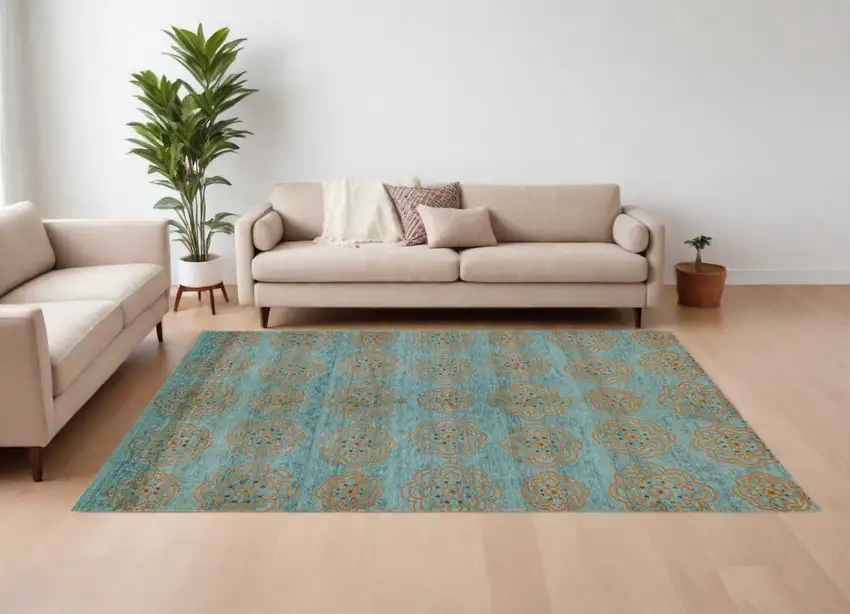 Green Blue and Taupe Floral Hand Knotted Worn Faded Area Rug Photo 2