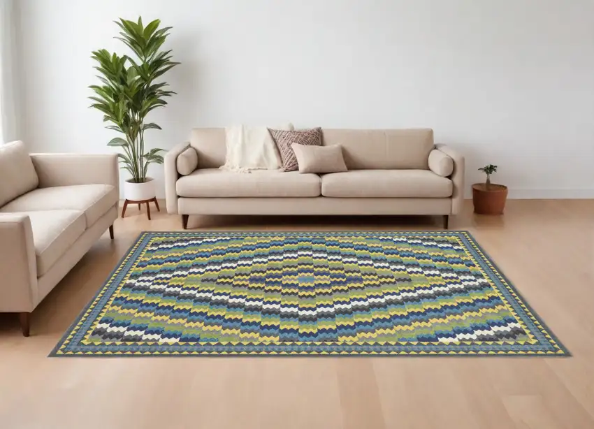 Green Blue and Yellow Southwestern Power Loom Area Rug Photo 1