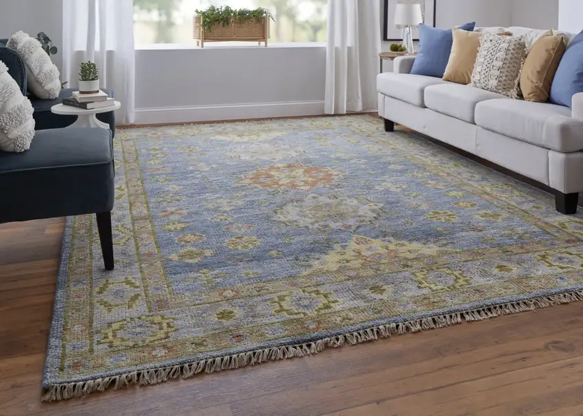 Green Blue and Yellow Wool Geometric Hand Knotted Area Rug With Fringe Photo 9