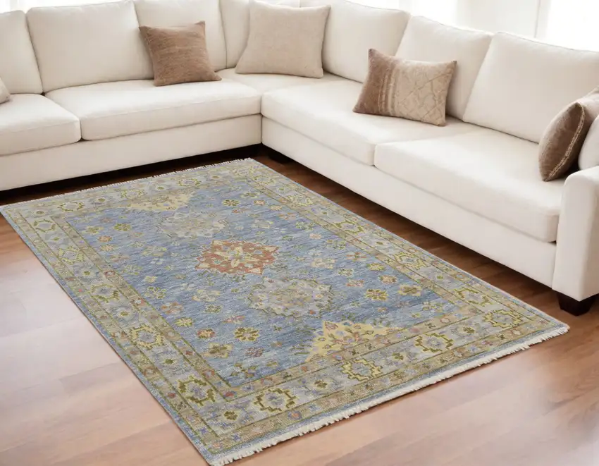 Green Blue and Yellow Wool Geometric Hand Knotted Area Rug With Fringe Photo 1