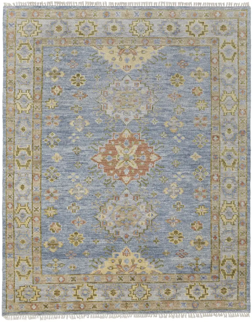 Green Blue and Yellow Wool Geometric Hand Knotted Area Rug With Fringe Photo 5