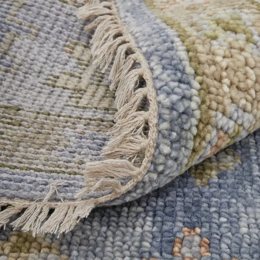 Green Blue and Yellow Wool Geometric Hand Knotted Area Rug With Fringe Photo 9