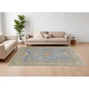Photo of Green Blue and Yellow Wool Geometric Hand Knotted Area Rug With Fringe