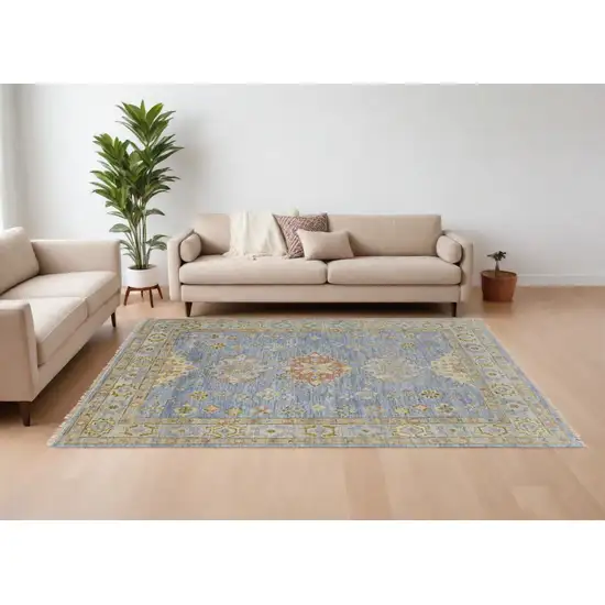 Green Blue and Yellow Wool Geometric Hand Knotted Area Rug With Fringe Photo 1