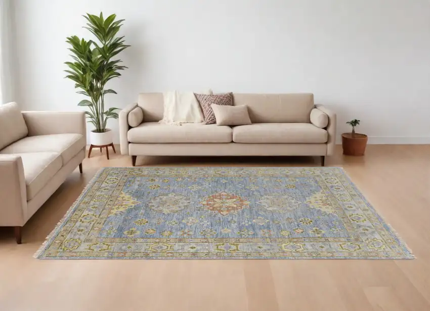 Green Blue and Yellow Wool Geometric Hand Knotted Area Rug With Fringe Photo 1