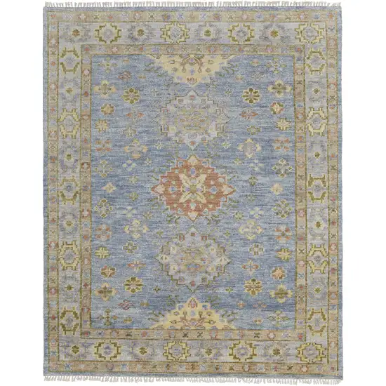Green Blue and Yellow Wool Geometric Hand Knotted Area Rug With Fringe Photo 4