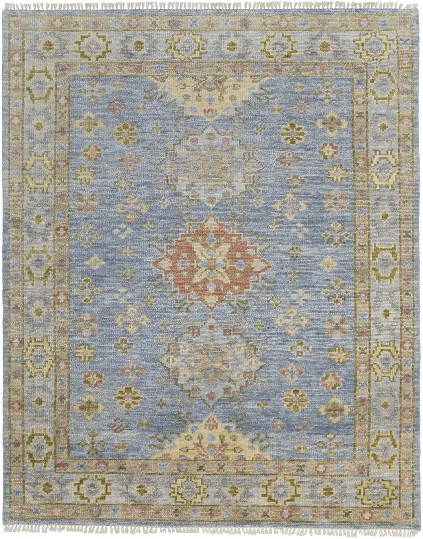 Green Blue and Yellow Wool Geometric Hand Knotted Area Rug With Fringe Photo 4
