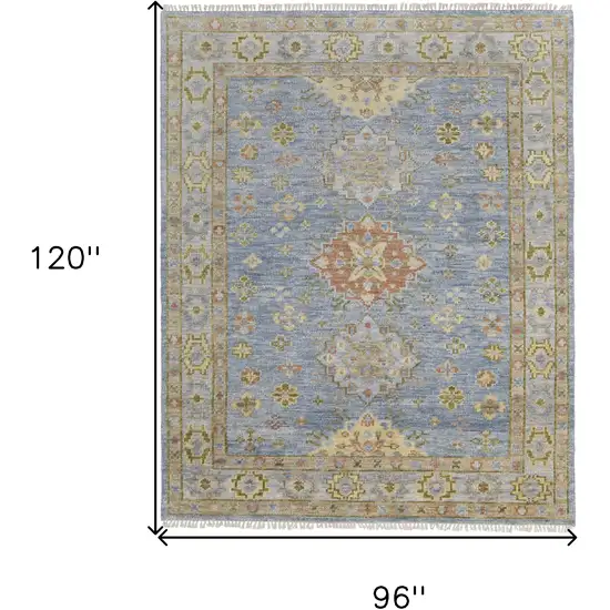Green Blue and Yellow Wool Geometric Hand Knotted Area Rug With Fringe Photo 3
