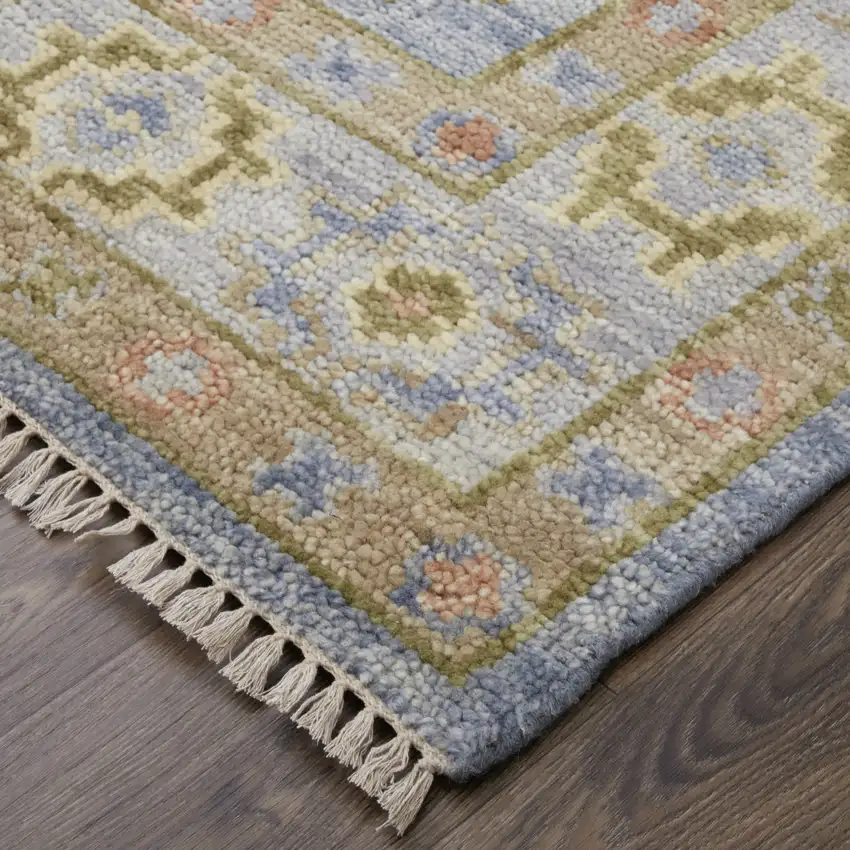 Green Blue and Yellow Wool Geometric Hand Knotted Area Rug With Fringe Photo 9