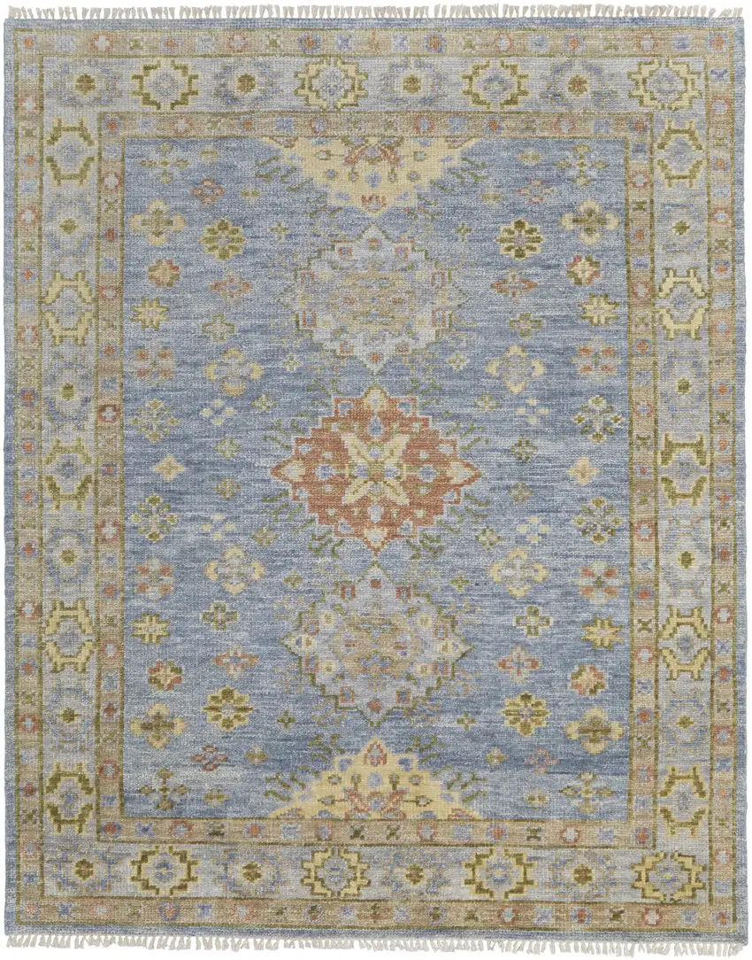 Green Blue and Yellow Wool Geometric Hand Knotted Area Rug With Fringe Photo 2