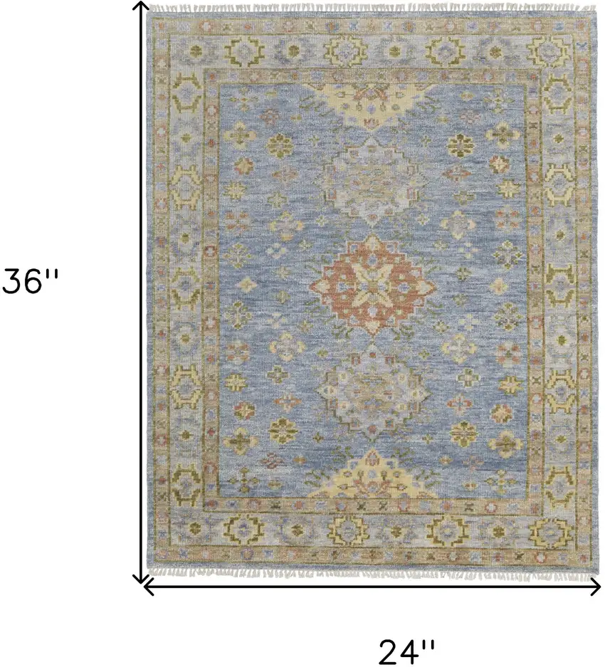 Green Blue and Yellow Wool Geometric Hand Knotted Area Rug With Fringe Photo 3