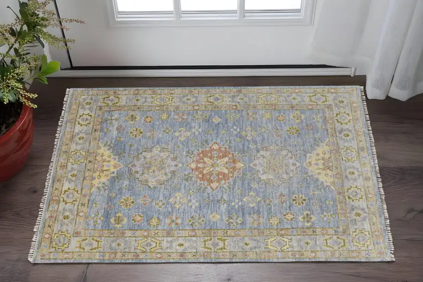 Green Blue and Yellow Wool Geometric Hand Knotted Area Rug With Fringe Photo 1