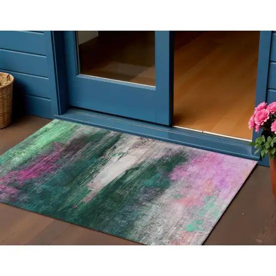 Green Blush And Ivory Abstract Washable Indoor Outdoor Area Rug Photo 2