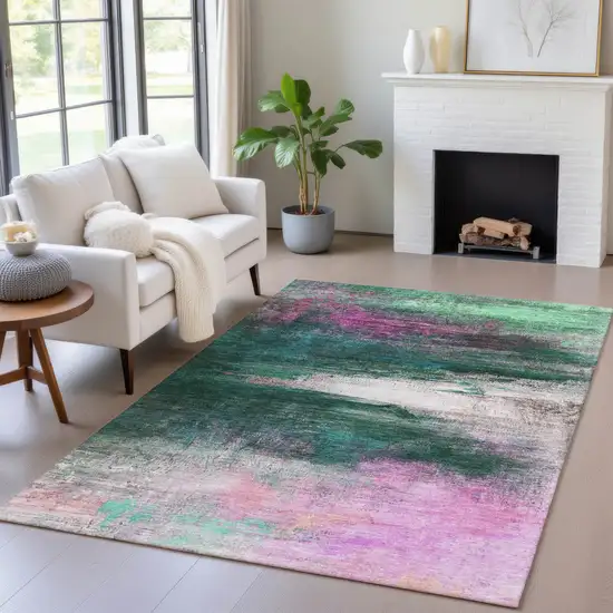 Green Blush And Ivory Abstract Washable Indoor Outdoor Area Rug Photo 6
