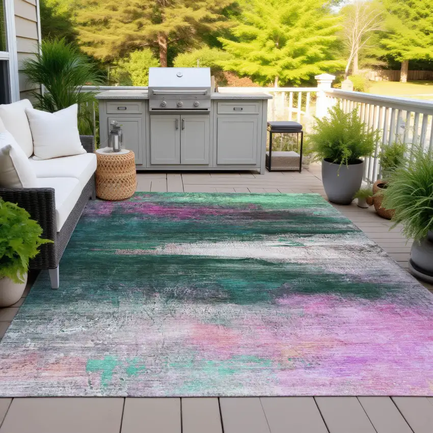 Green Blush And Ivory Abstract Washable Indoor Outdoor Area Rug Photo 4