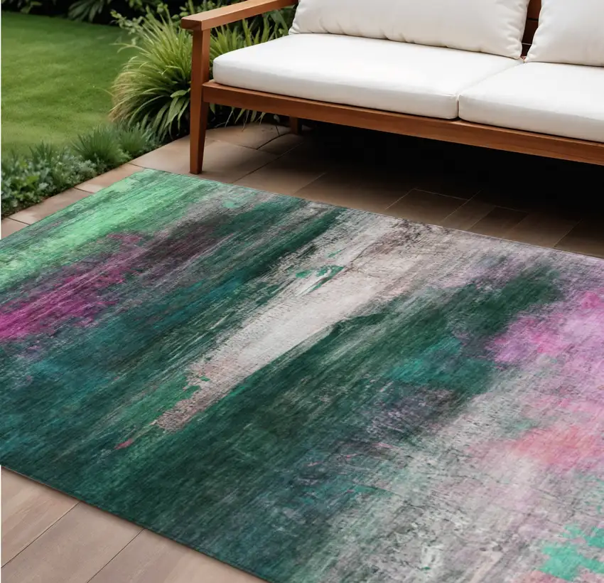 Green Blush And Ivory Abstract Washable Indoor Outdoor Area Rug Photo 2